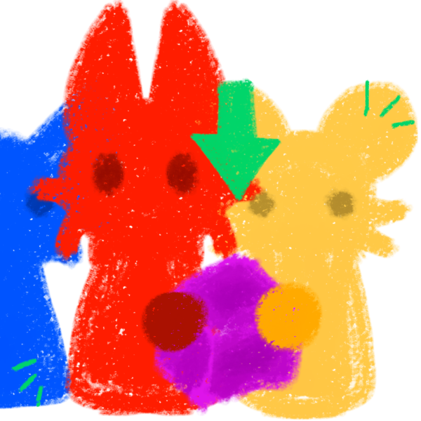 two colorful, cartoonish figures that resemble stylized animals or creatures farther in the distance. From left to right, a red figure with prominent ears, and a yellow figure they are holding a purple cube together. Each has large eyes and a simplistic design, giving a playful and friendly vibe. There's also a green arrow pointing at the cube.